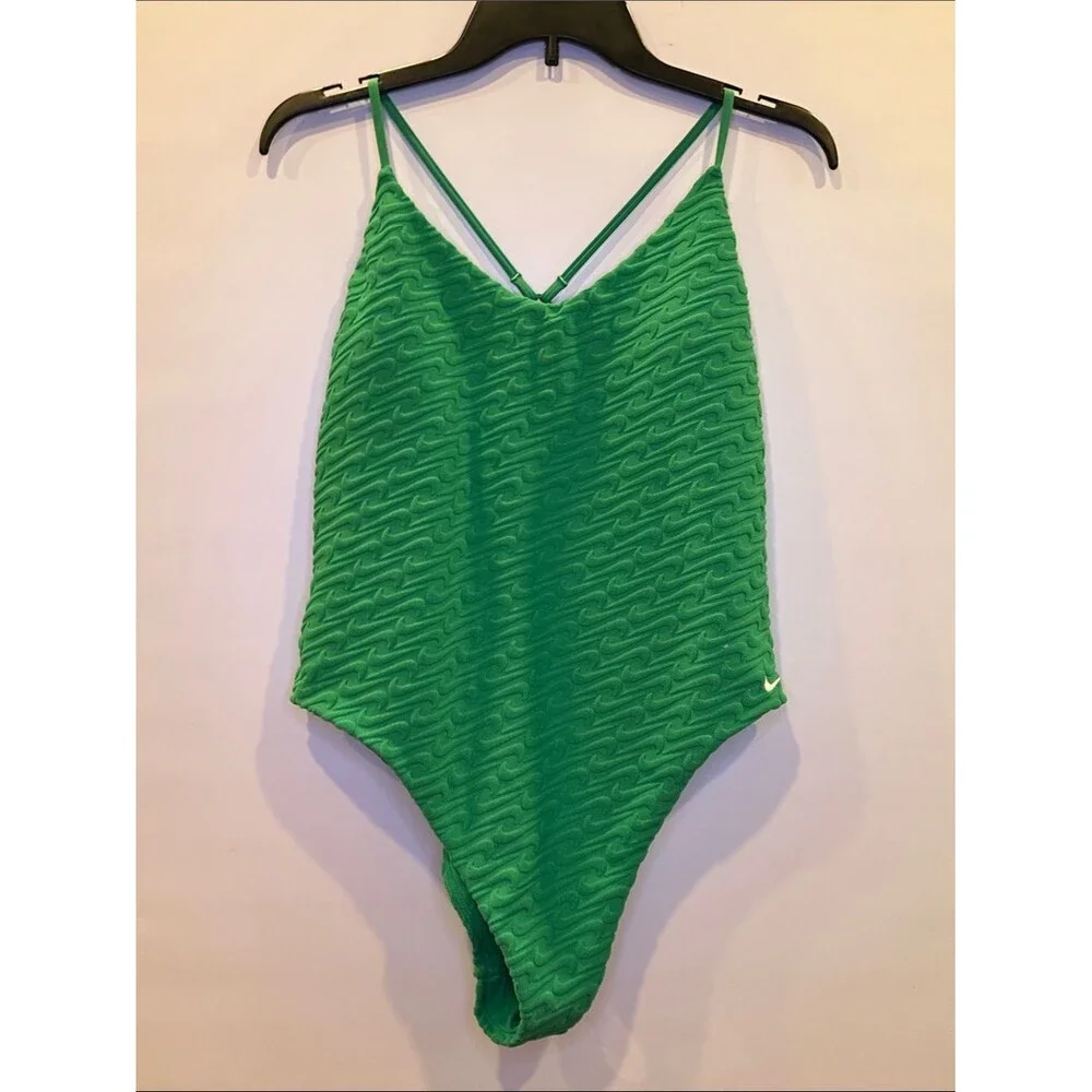 NIKE Swoosh Textured One Piece Swimsuit V Neck Y Back NEW Green Terry XL